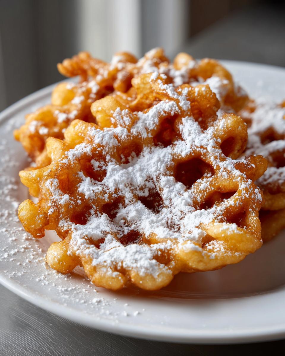 Close-up of golden brown funnel cake recipe portions heavily dusted with powdered sugar on a white plate.