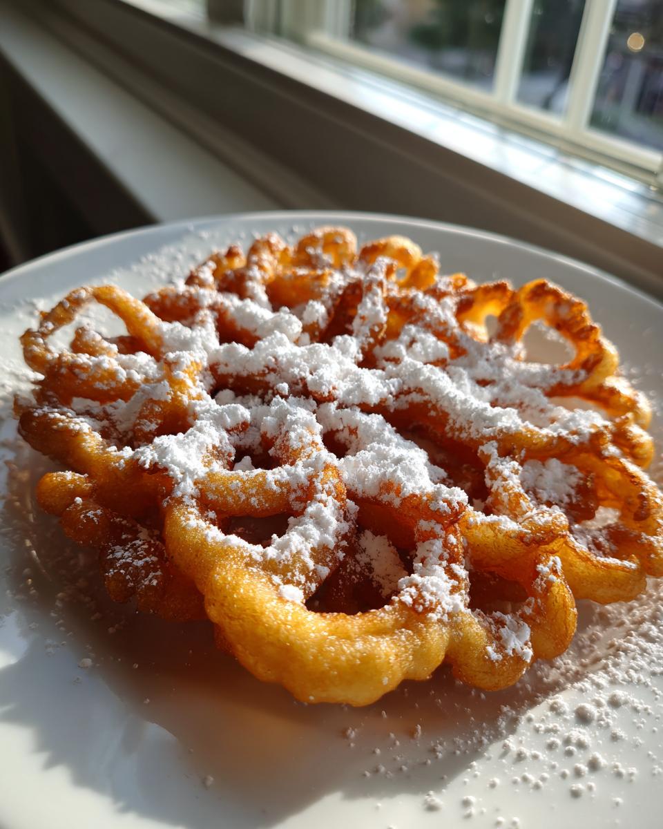 A golden brown, freshly fried funnel cake recipe generously dusted with powdered sugar, sitting on a white plate near a window.