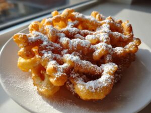 Close-up of a freshly made, golden brown funnel cake recipe generously dusted with white powdered sugar.