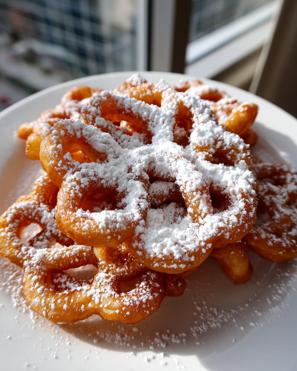 Close-up of golden fried funnel cake recipe pieces generously dusted with white powdered sugar on a white plate.