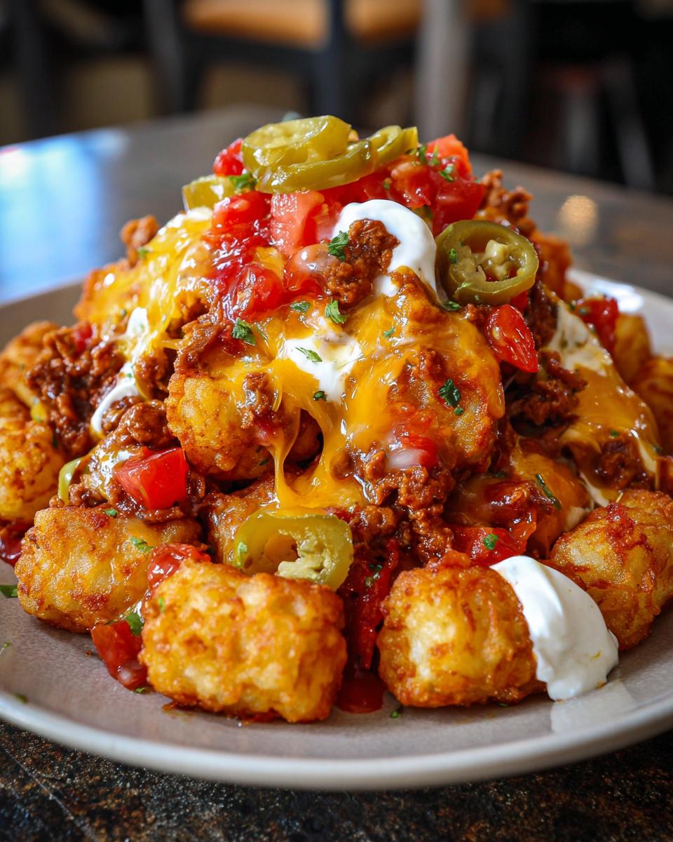 A towering plate of cheesy tater tot nachos loaded with chili, sour cream, tomatoes, and jalapeƱos.