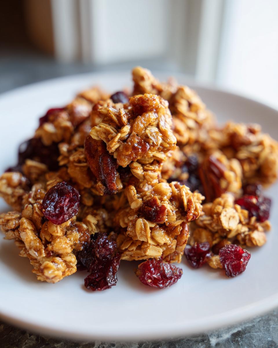 Close-up of crunchy clusters of gingerbread granola mixed with dried cranberries and pecans on a white plate.