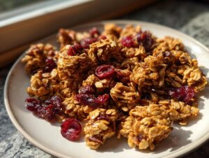 Close-up of crunchy clusters of gingerbread granola mixed with dried cranberries served on a light plate.