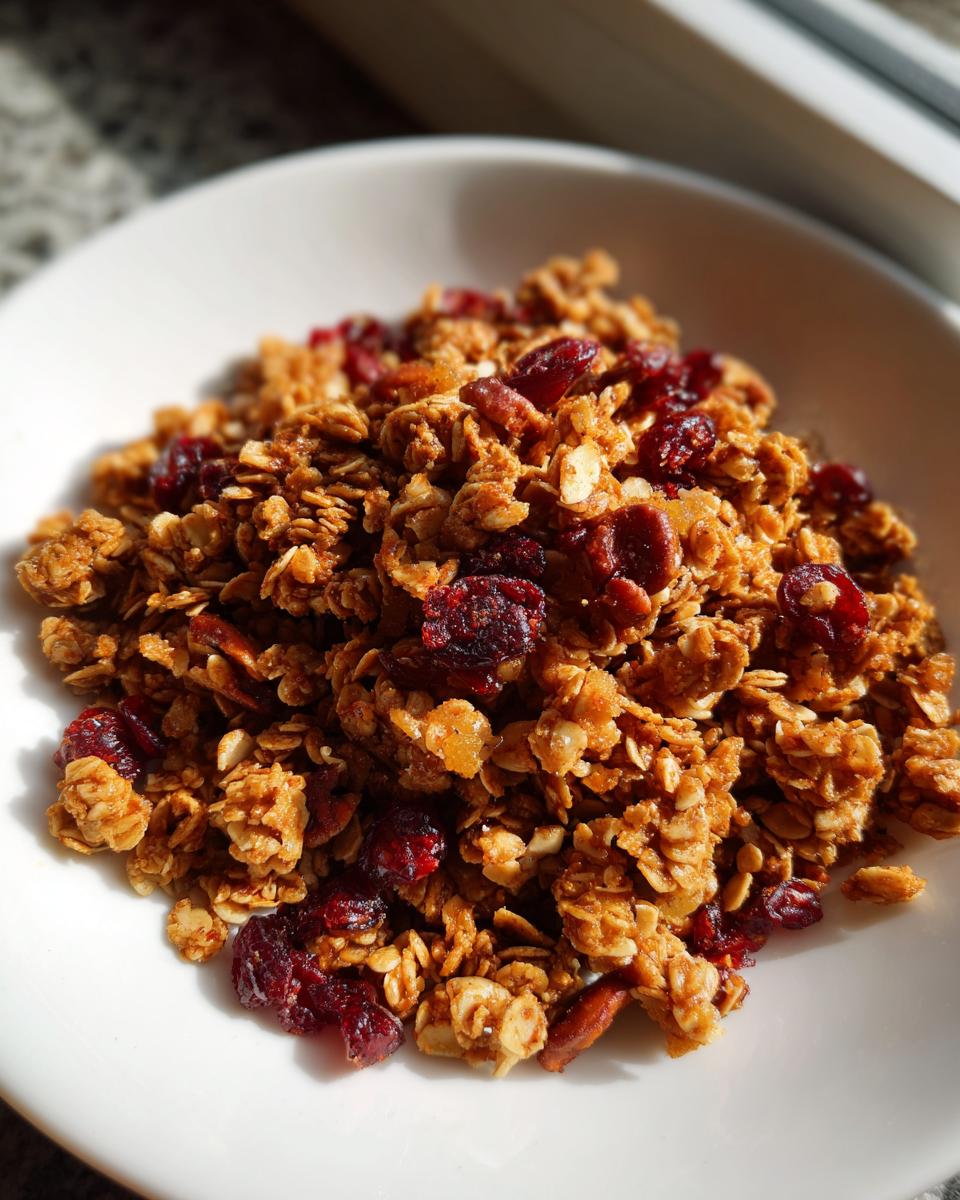 A close-up of homemade gingerbread granola mixed with dried cranberries served in a white bowl.