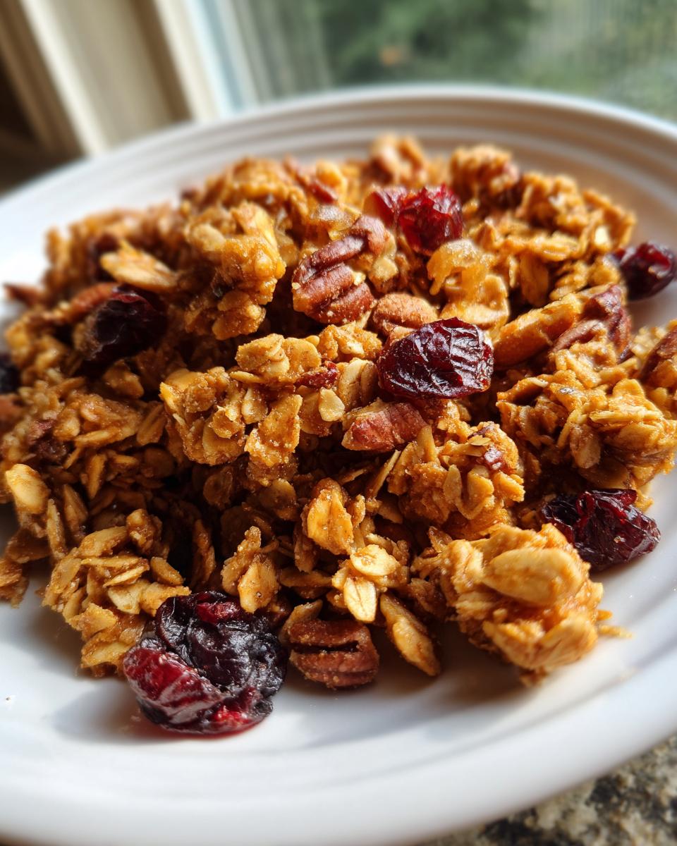 Close-up of crunchy gingerbread granola clusters mixed with pecans and dried cranberries served in a white bowl.