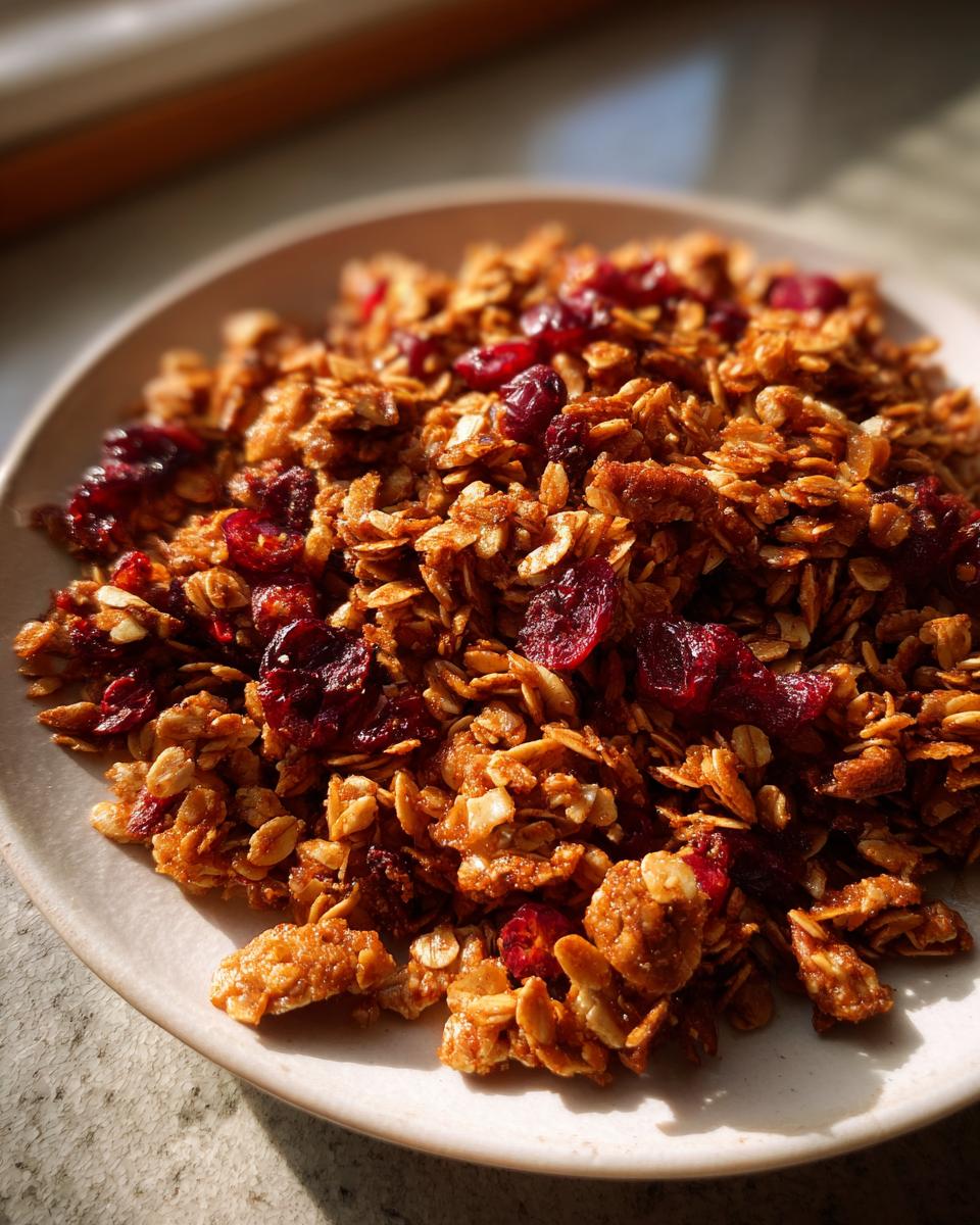A close-up shot of crunchy gingerbread granola mixed with dried cranberries served on a light-colored plate.