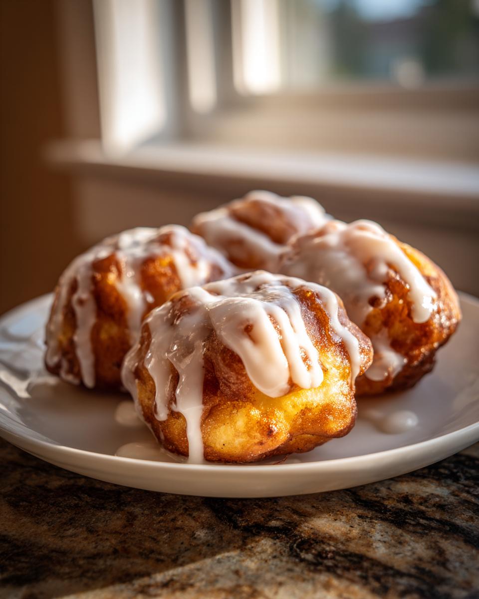 Four golden brown apple fritter bites drizzled generously with white vanilla glaze, sitting on a white plate.
