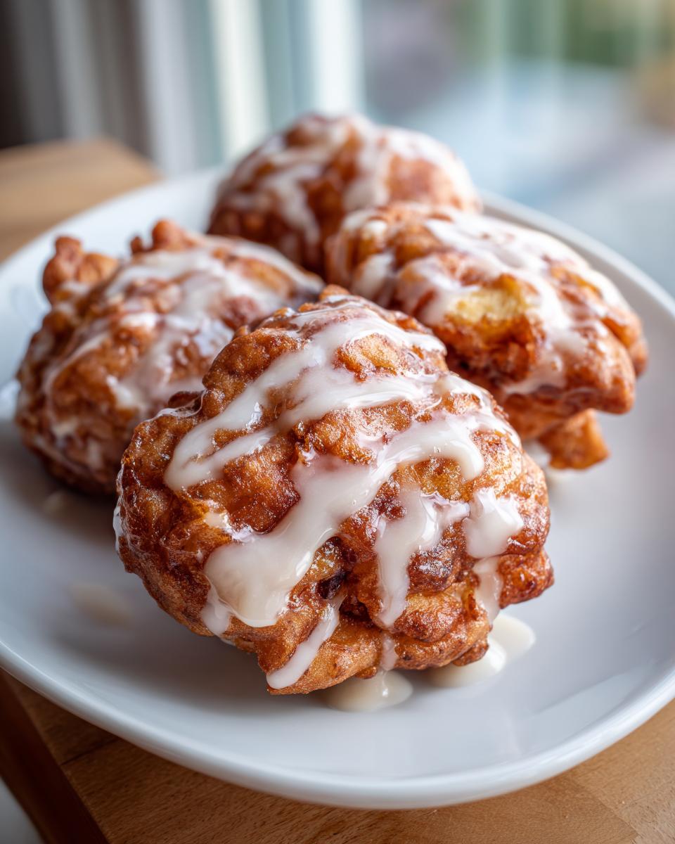 Four golden brown, irregularly shaped apple fritter pastries drizzled generously with white vanilla glaze, served on a white plate.