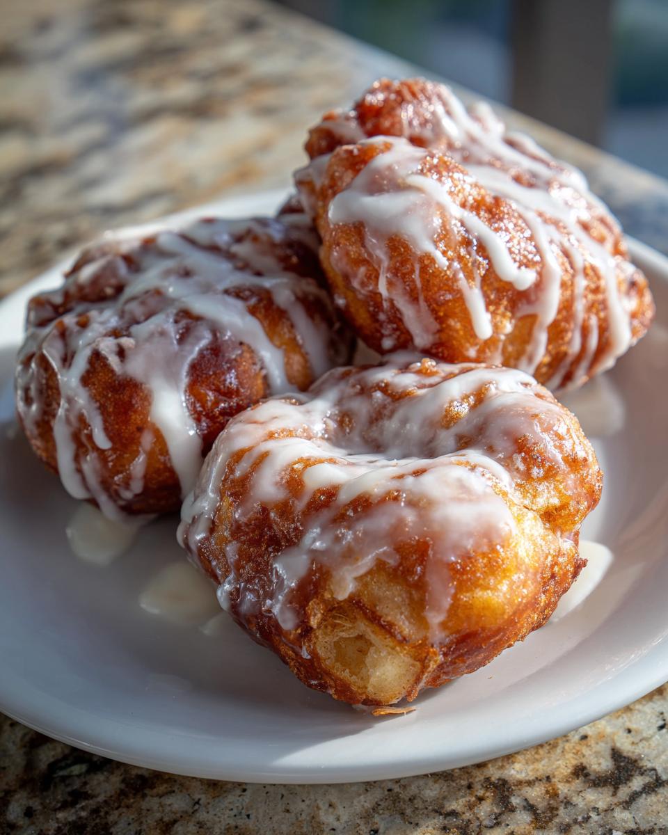 Close-up of three golden brown, irregularly shaped apple fritter pastries drizzled generously with white glaze.
