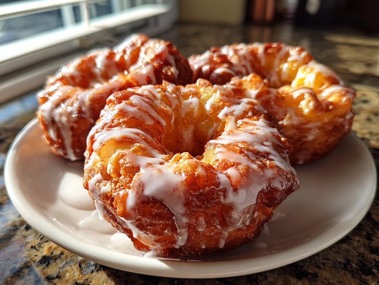 Three golden brown, freshly glazed apple fritter pastries sitting on a white plate in bright sunlight.