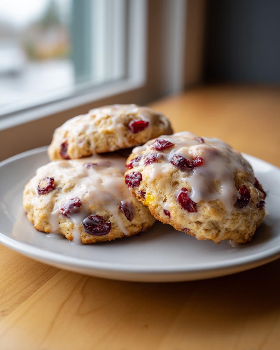 Three delicious cranberry orange cookies, topped with a white glaze, resting on a light gray plate.