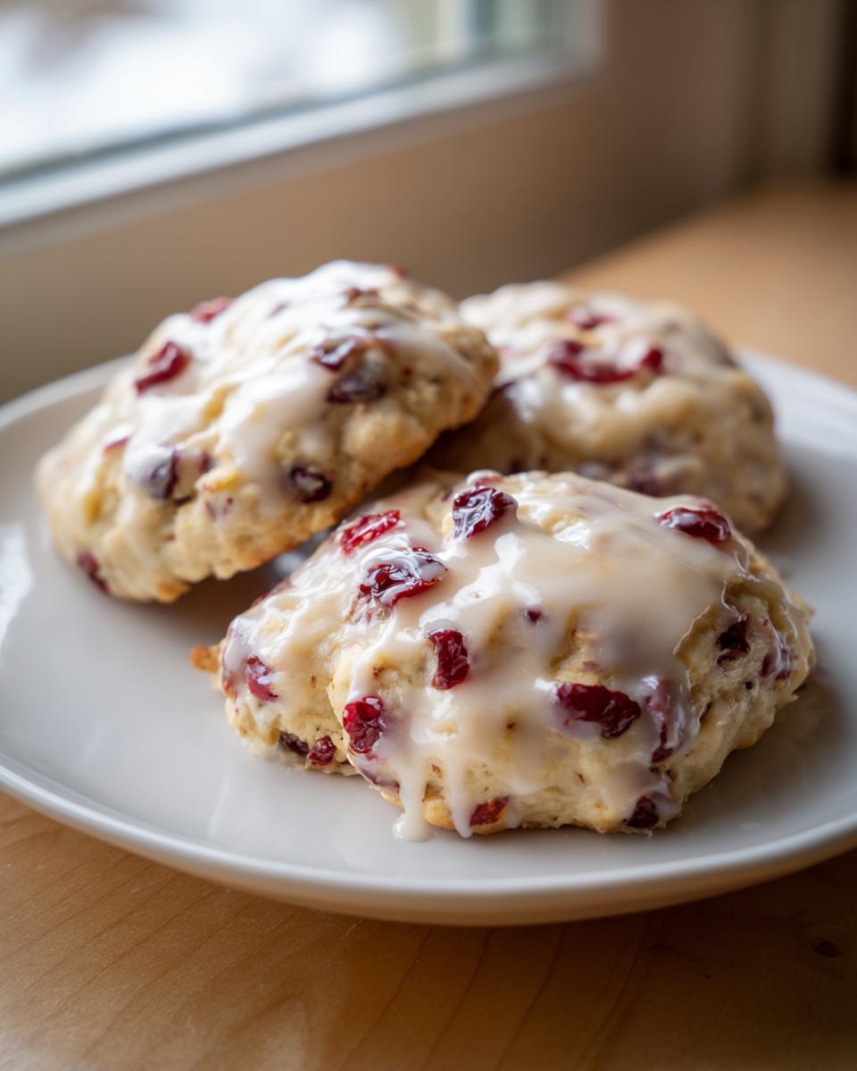 Three delicious cranberry orange cookies topped with a thick, sweet glaze, resting on a white plate.