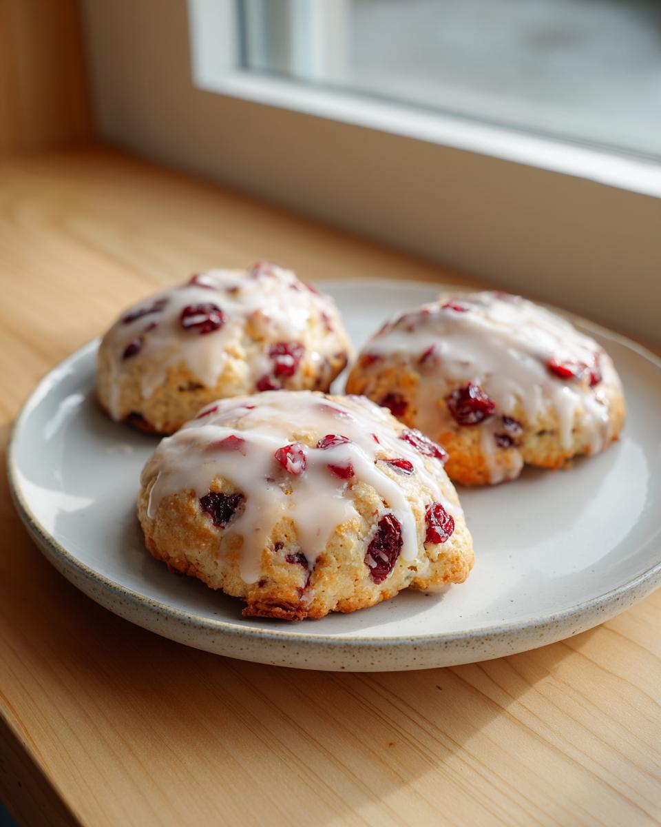 Three freshly baked cranberry orange cookies topped with a white glaze, resting on a light gray plate.