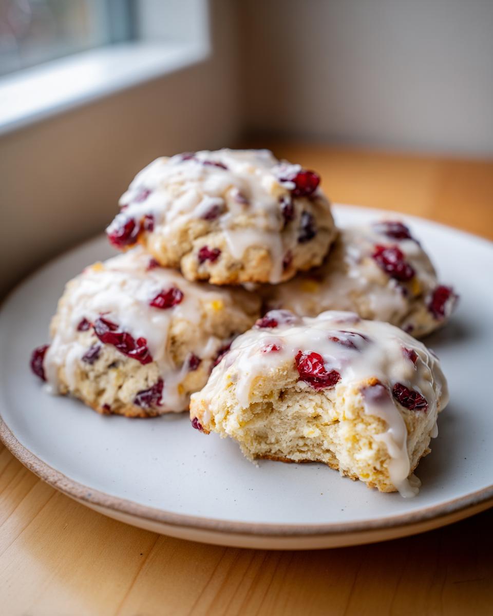 Close-up of glazed cranberry orange cookies on a plate, one cookie has a bite taken out showing the soft interior.