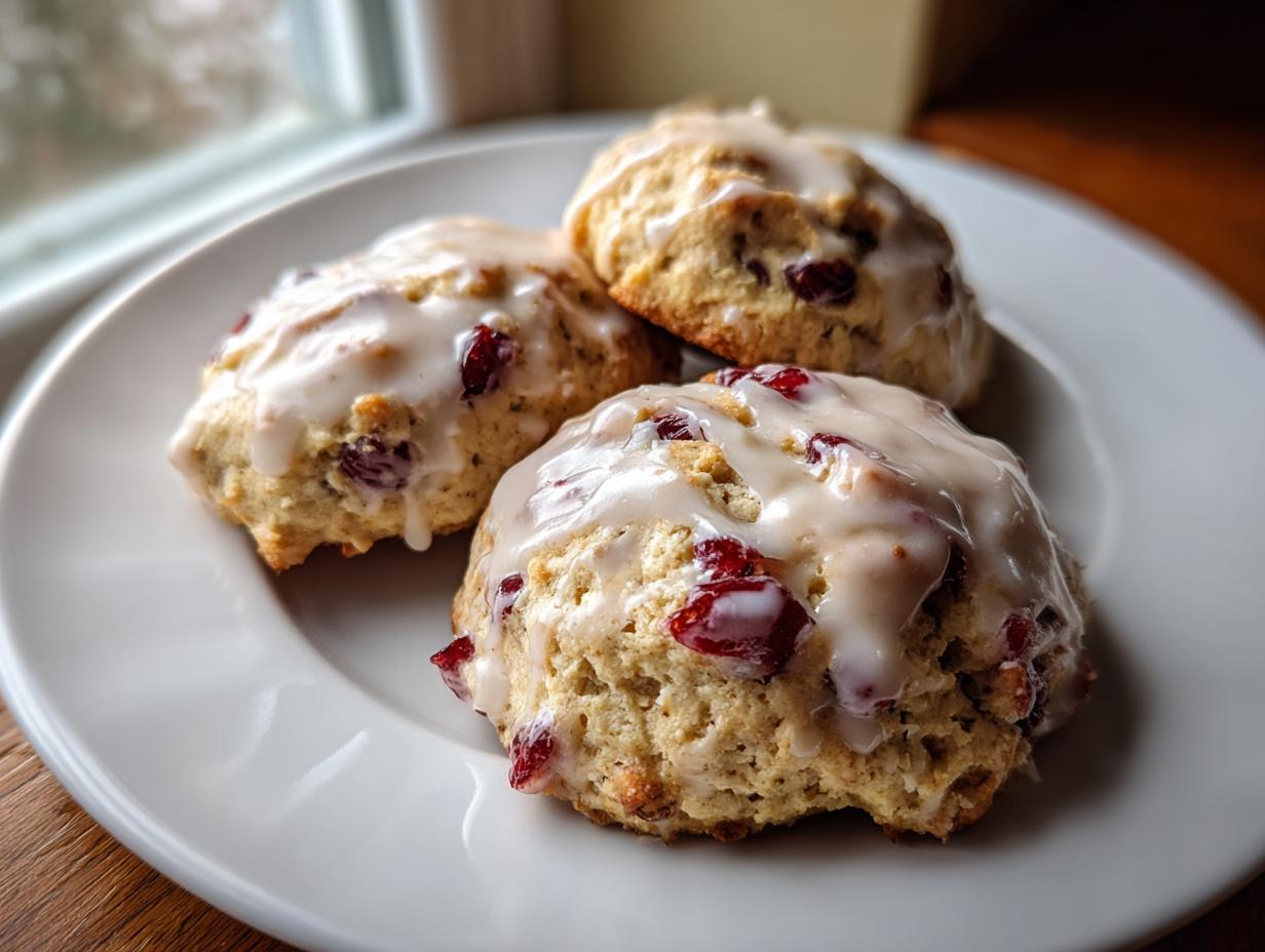 Three freshly baked cranberry orange cookies topped with a thick white glaze, served on a white plate.