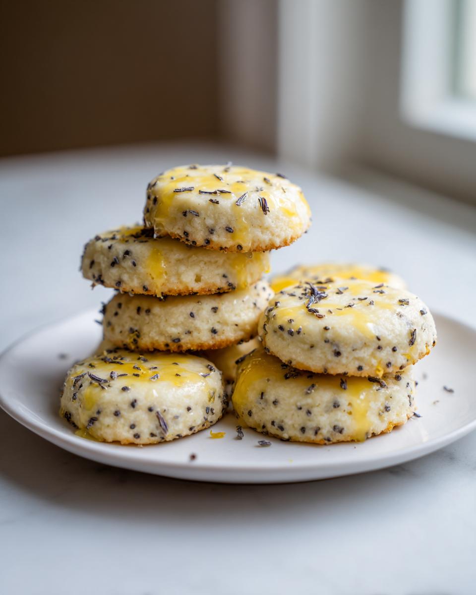 A stack of round, light-colored earl grey cookies drizzled with a yellow glaze and sprinkled with lavender buds.