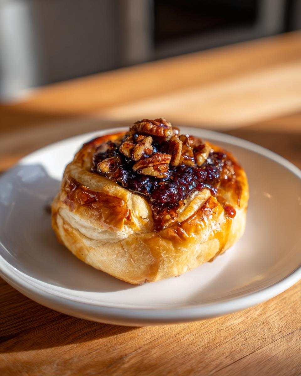 A golden puff pastry wrapped baked brie topped with dark jam and walnuts, served on a white plate.