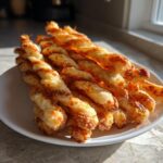 A pile of golden, flaky, twisted cheese straws recipe displayed on a white plate in natural sunlight.