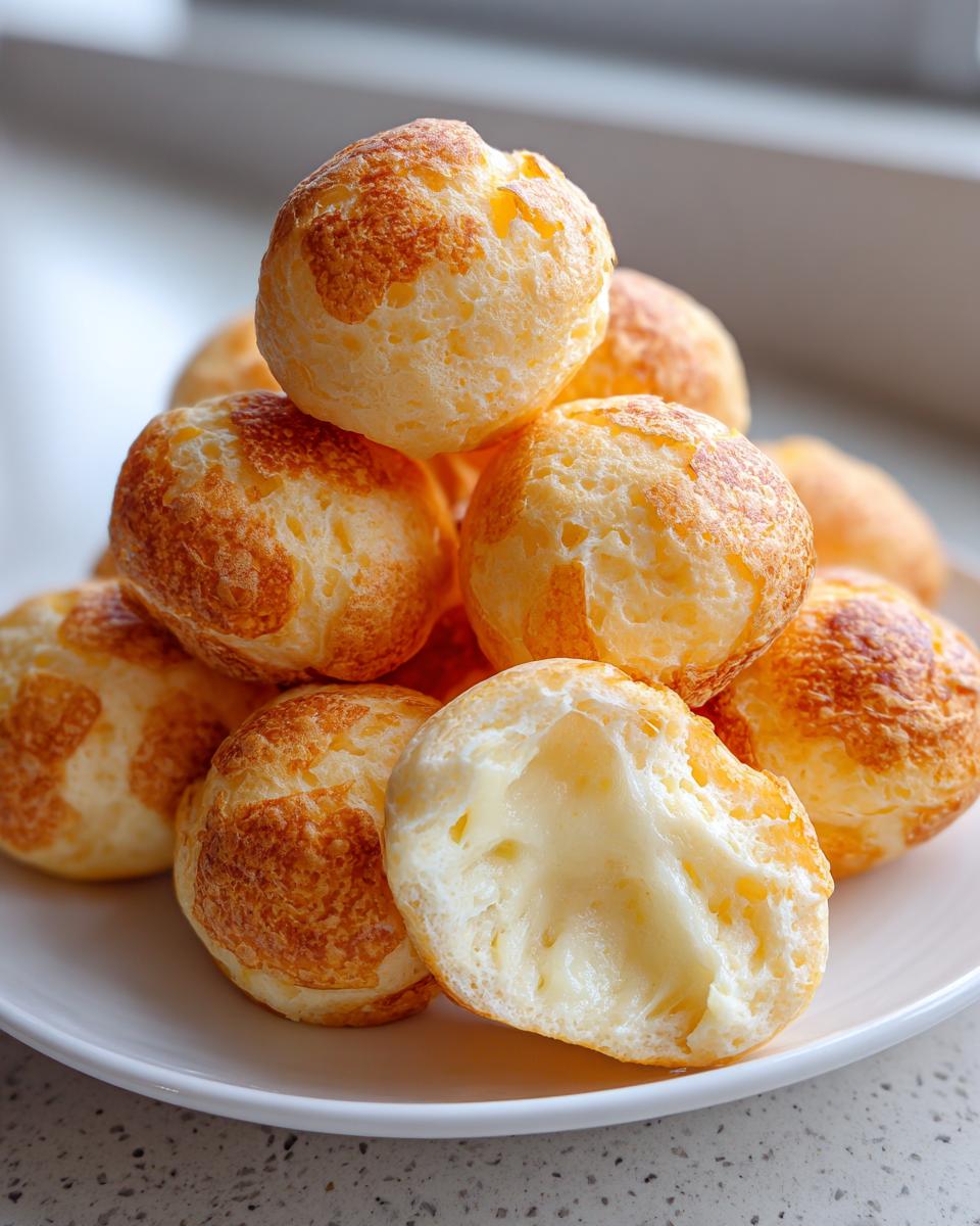 A stack of freshly baked brazilian cheese bread rolls, one split open showing the gooey, melted cheese interior.