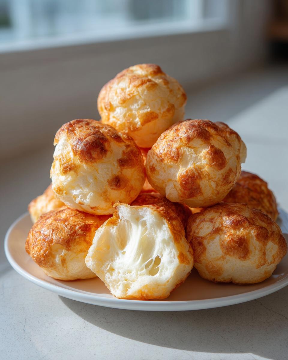 A stack of golden brown brazilian cheese bread on a white plate, one piece broken open showing the cheesy, stretchy interior.