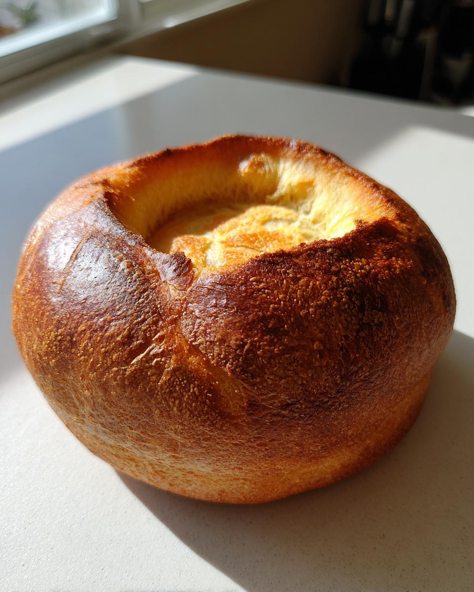 A freshly baked, round bread bowl with a deeply browned, crusty exterior, ready to be filled.