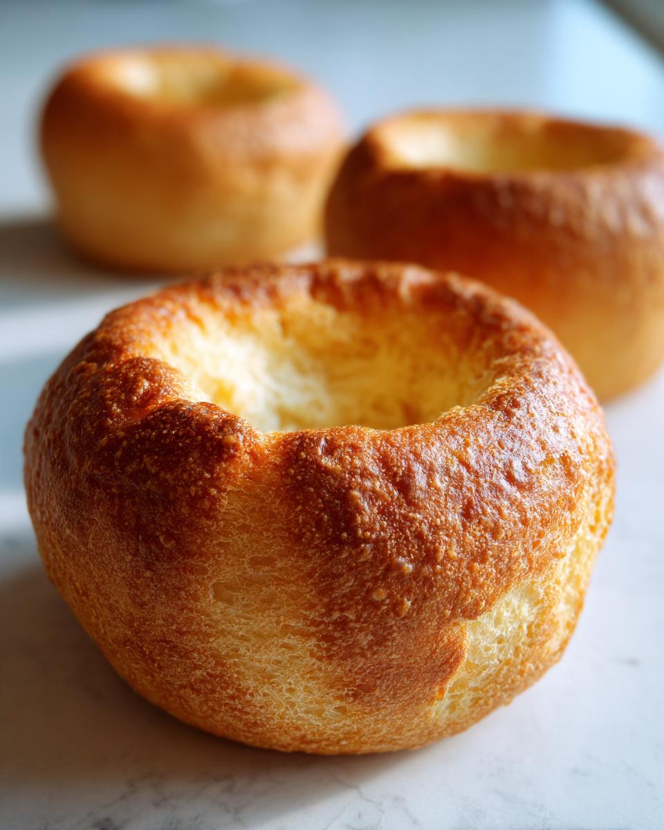 Close-up of three freshly baked, golden brown bread bowls with hollowed centers, perfect for soup.