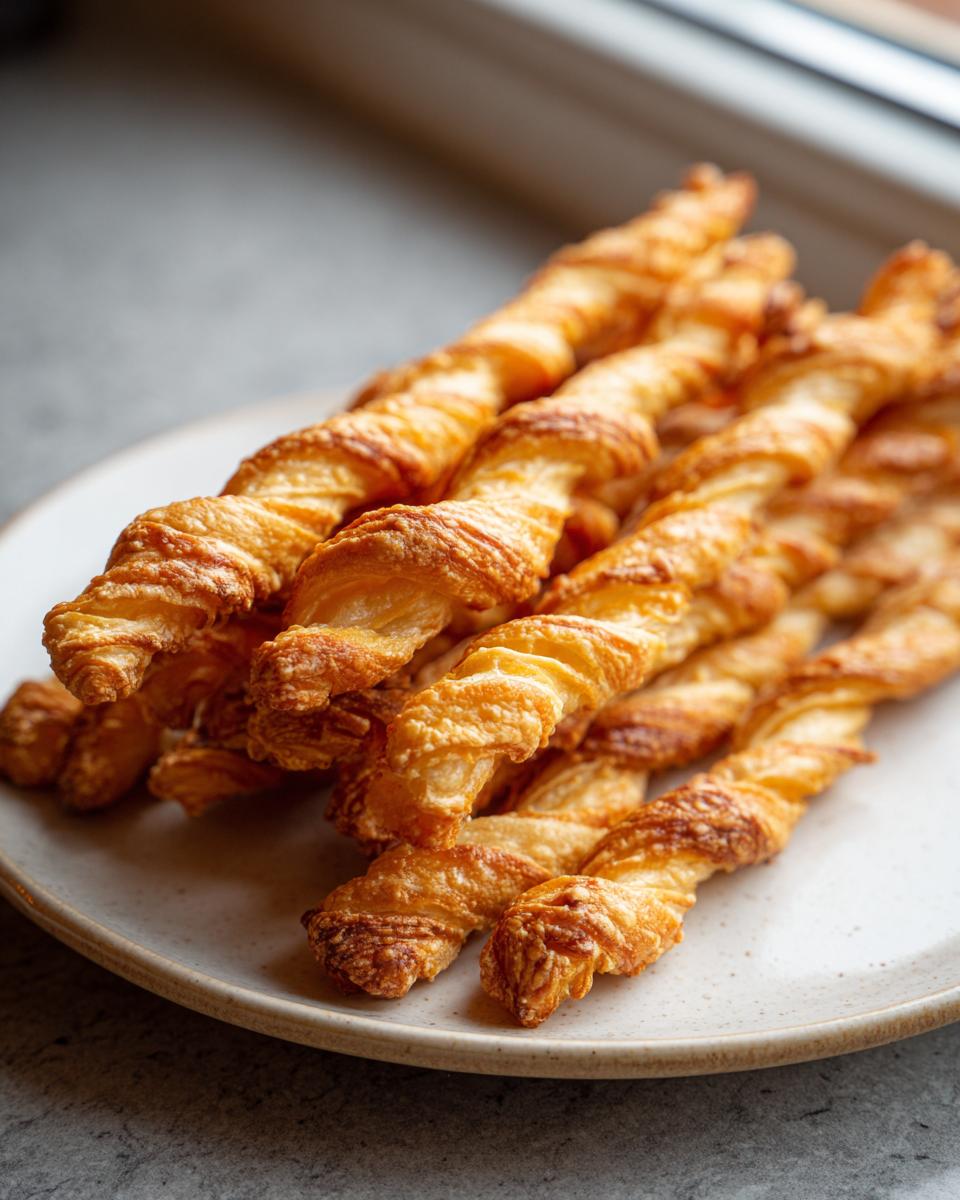 A close-up of several golden brown, flaky, twisted cheese straws recipe piled on a light ceramic plate.