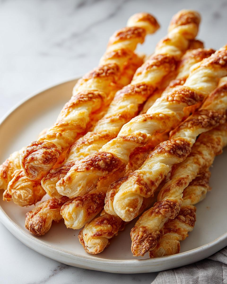 A close-up of several golden, flaky, twisted cheese straws recipe piled on a light-colored plate.