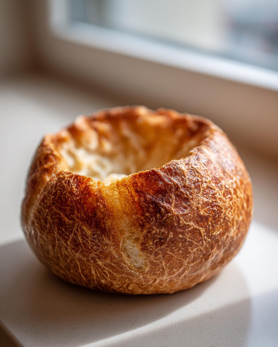 Close-up of a perfectly baked, hollowed-out bread bowl with a deeply golden, crusty exterior.