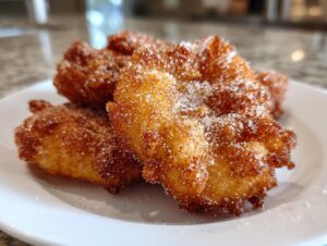 Close-up of three golden, puffy buñuelos heavily coated in cinnamon sugar, served on a white plate.