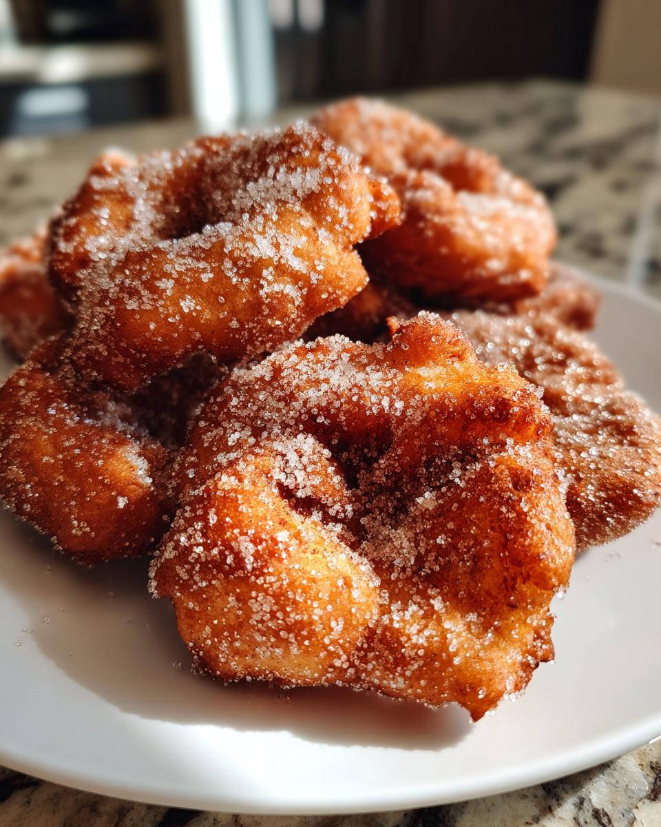 Close-up of several golden brown buñuelos generously coated in sparkling white sugar.