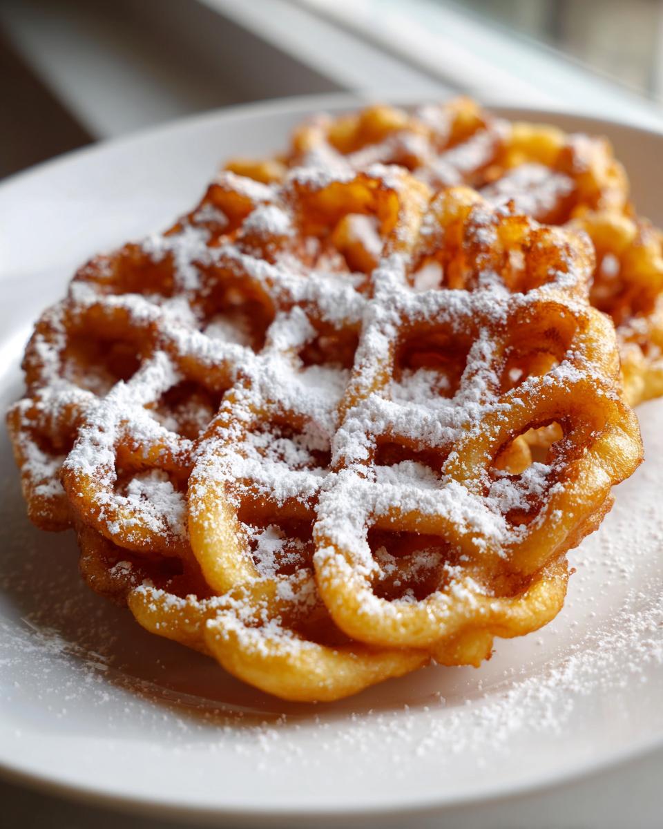 Close-up of golden brown, freshly fried funnel cake recipe pieces dusted heavily with powdered sugar on a white plate.