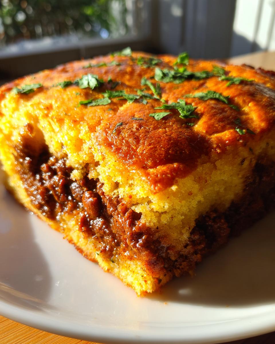 Close-up of a golden-brown slice of tamale pie showing the savory filling between the cornbread layers.