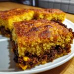 A close-up of two golden-brown slices of tamale pie showing the thick cornbread top and savory filling.