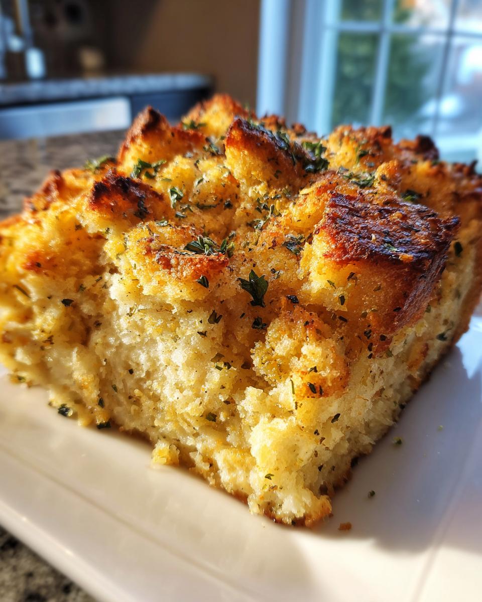 Close-up of a golden brown, herb-topped slice of homemade stuffing on a white plate.