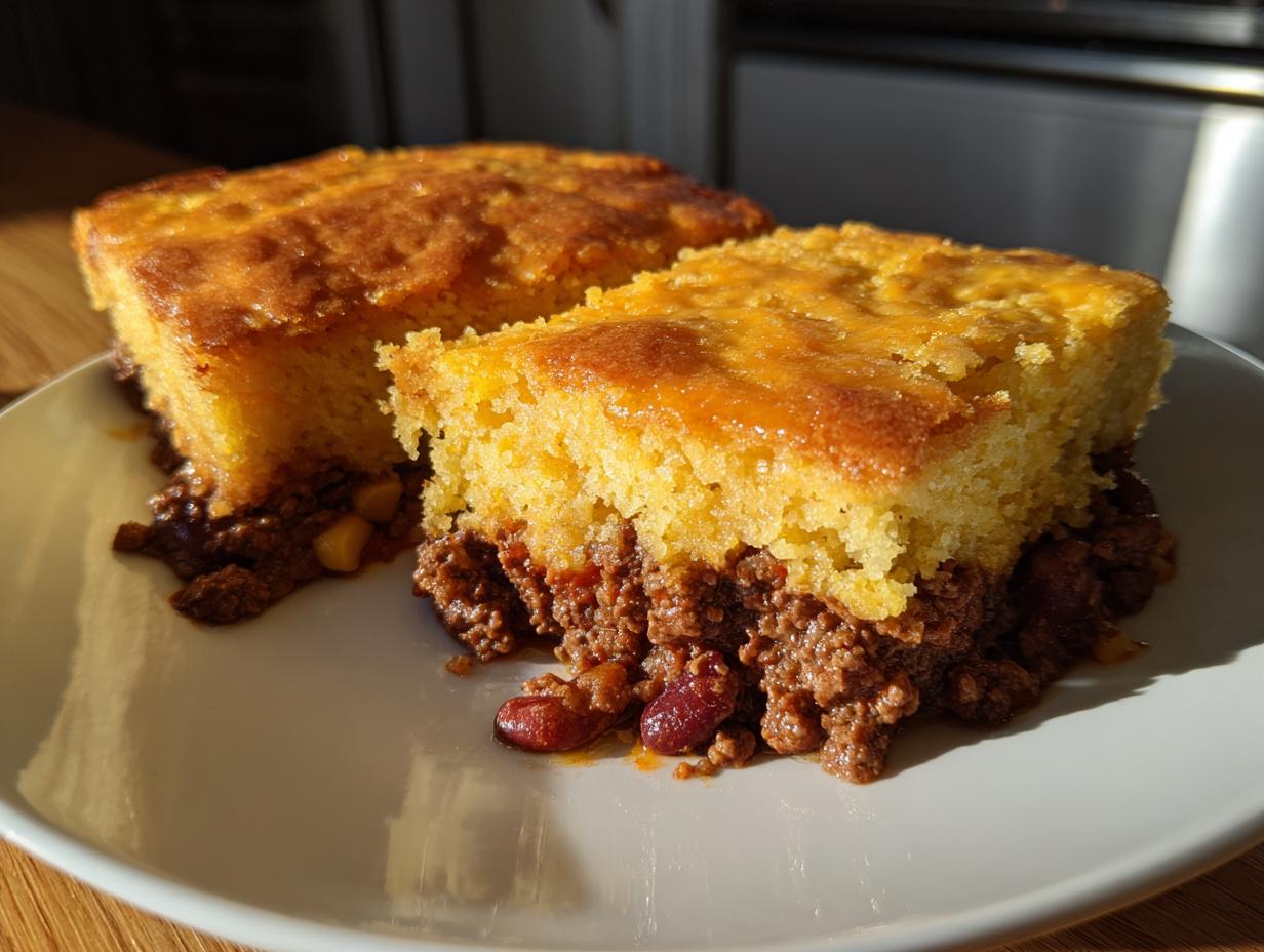 Two hearty slices of tamale pie showing a thick, golden cornbread top over a rich chili filling with beans.