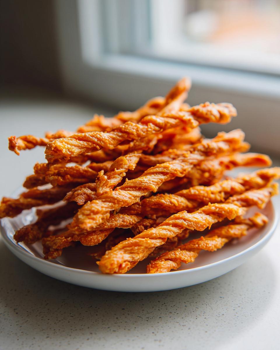 A pile of golden, crispy, twisted cheese straws recipe served on a small white plate.
