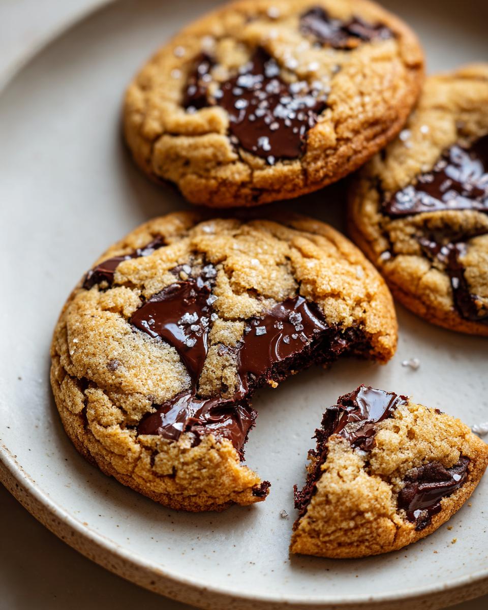 Close-up of gooey brown butter chocolate chip cookies with melted chocolate centers and sea salt flakes.