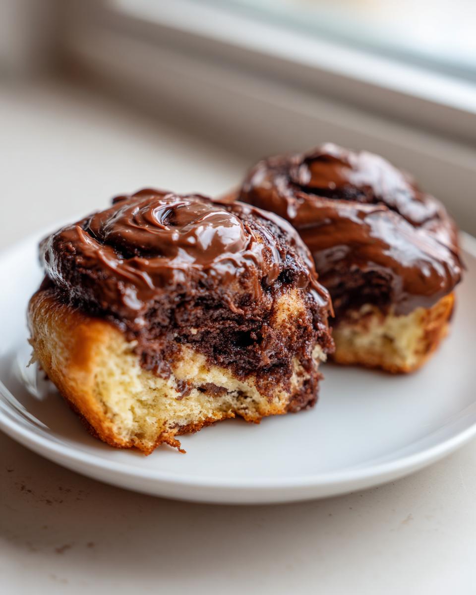Two decadent chocolate cinnamon rolls with thick, glossy chocolate frosting served on a white plate.