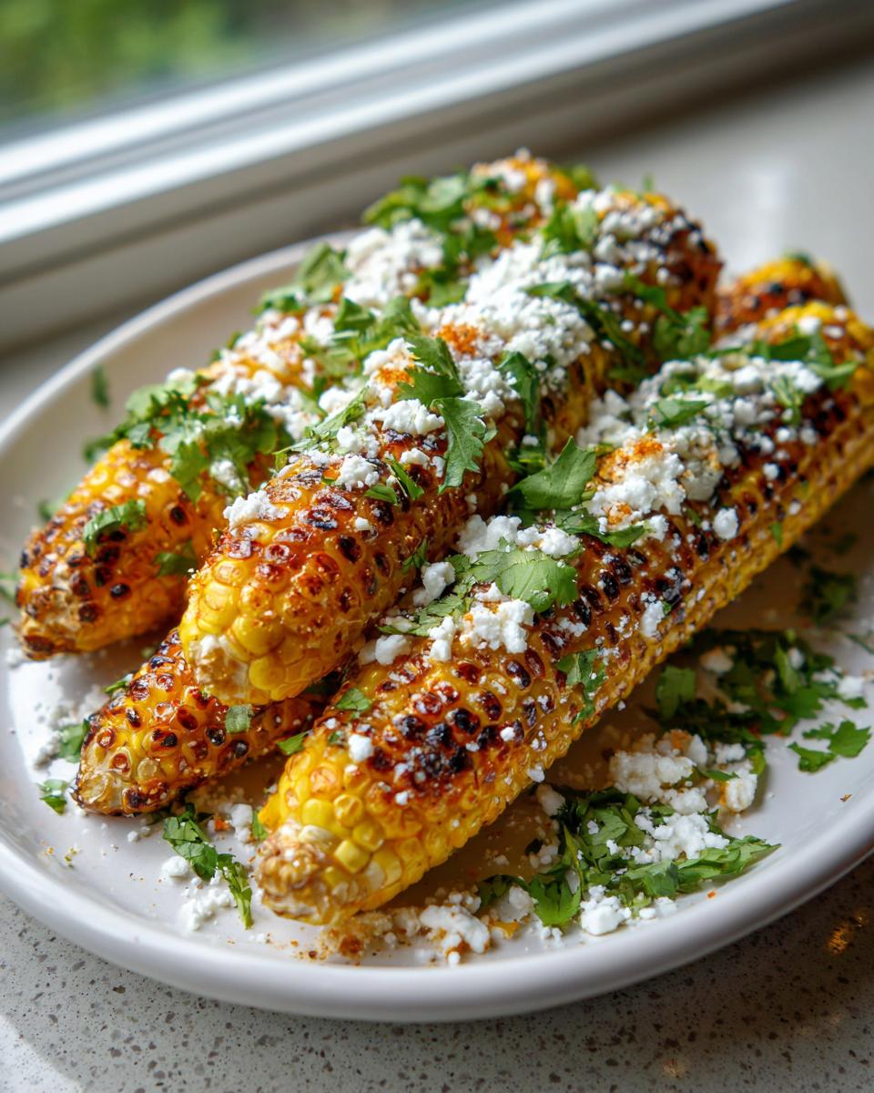 Close-up of grilled corn cobs topped with cotija cheese and cilantro, perfect for street corn salad.