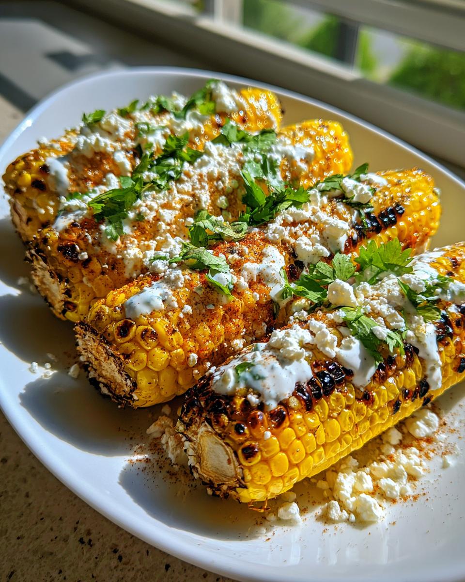 Four pieces of grilled corn on the cob topped with white cheese, creamy sauce, and cilantro, resembling street corn salad ingredients.