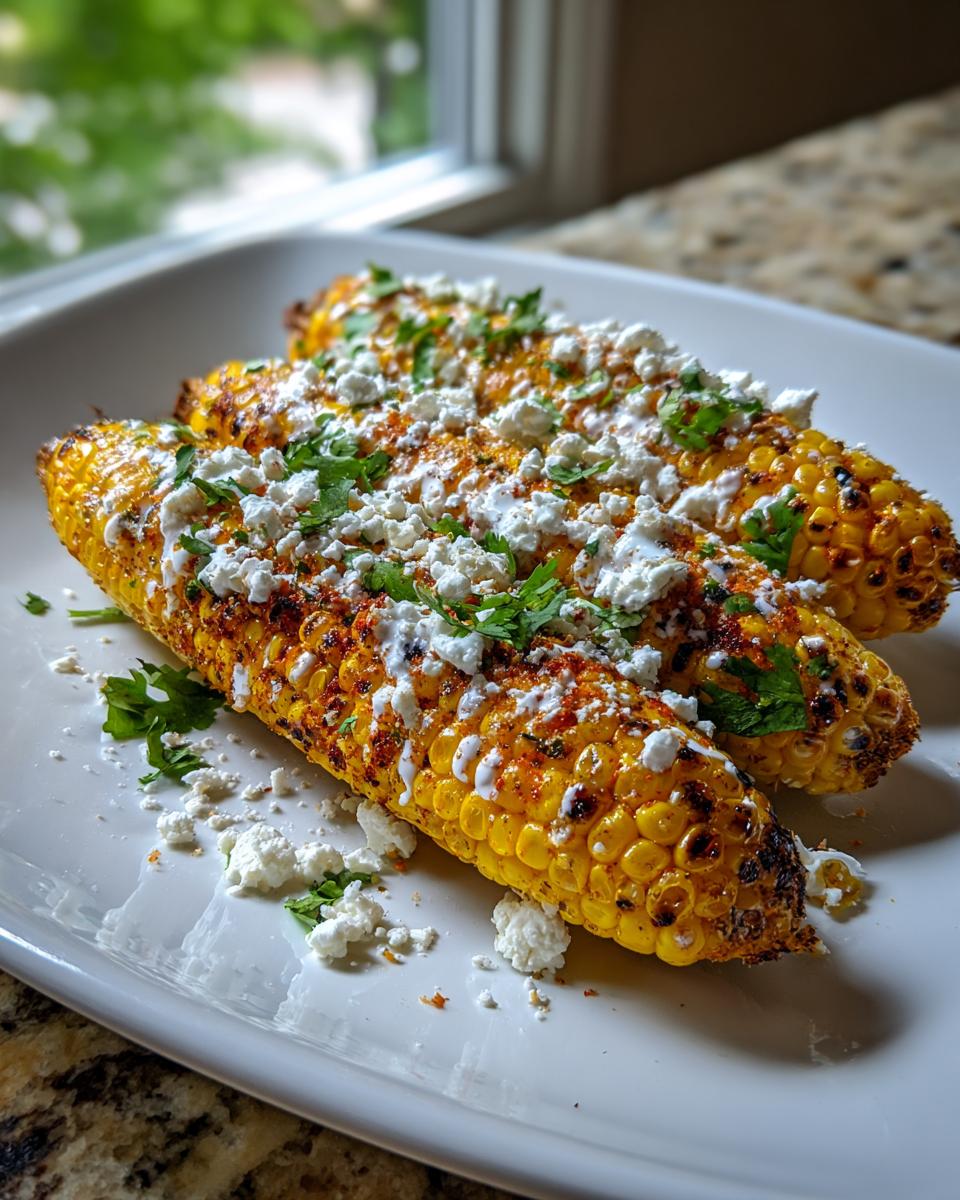 Three grilled corn cobs topped with cotija cheese, spices, and cilantro, ready to be made into street corn salad.