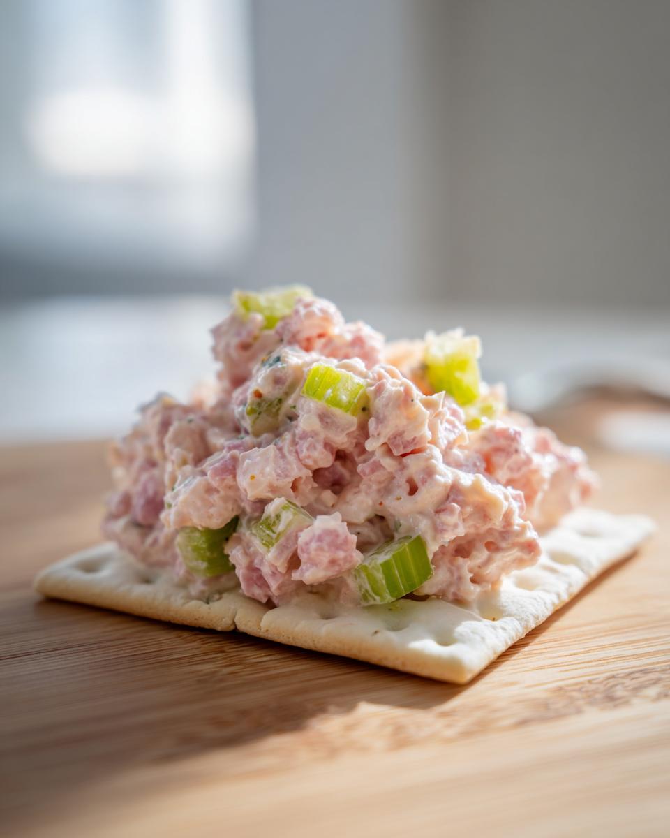 A scoop of creamy ham salad recipe with visible celery chunks served atop a square cracker on a wooden board.
