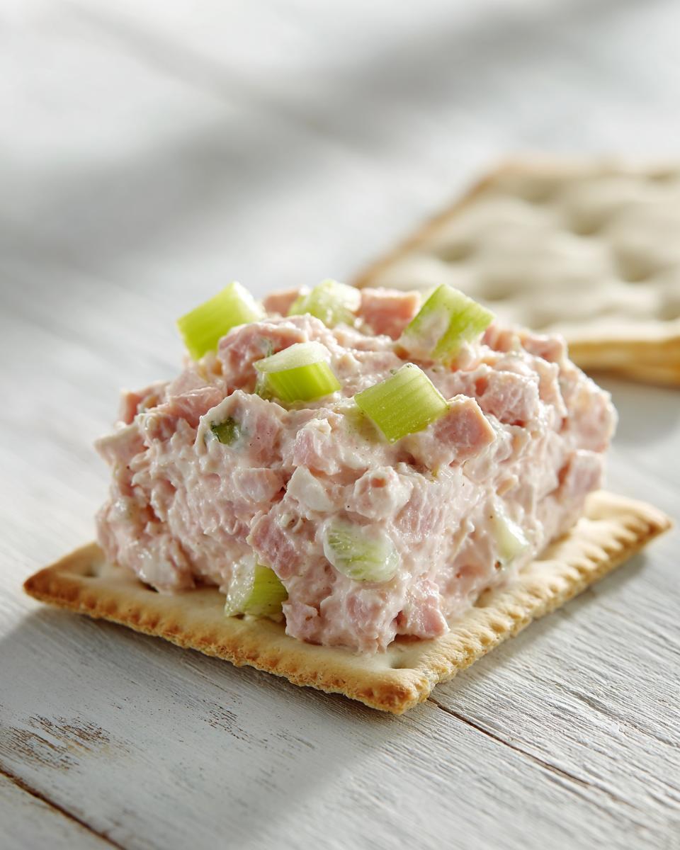 A scoop of creamy ham salad recipe topped with diced celery served on a square cracker.