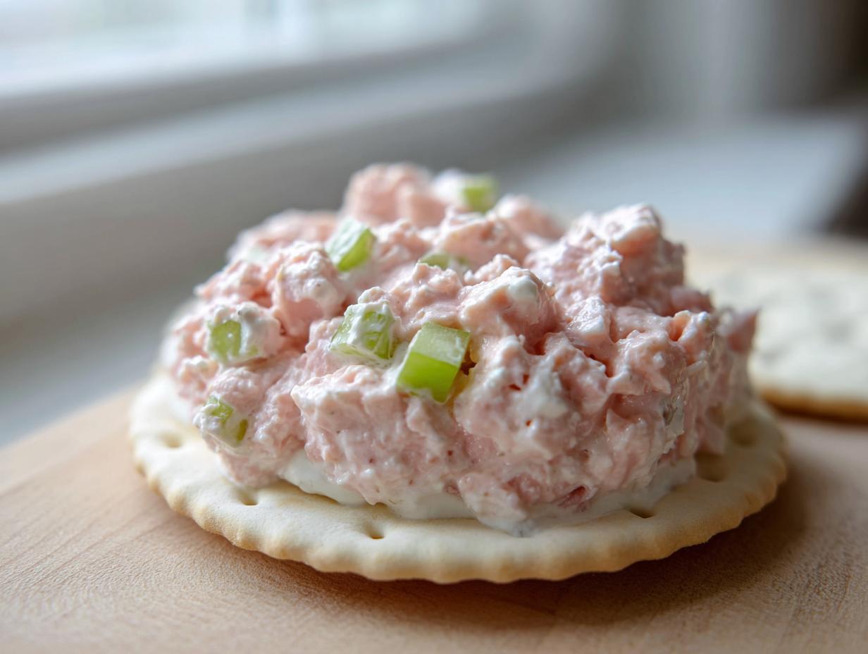 Close-up of creamy pink ham salad recipe topped with diced green celery served on a round cracker.