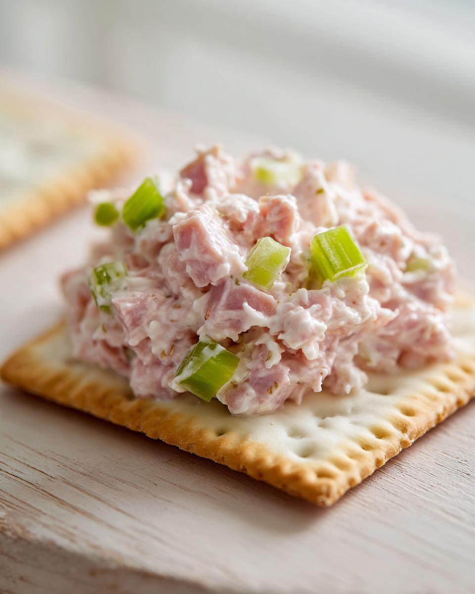 Close-up of a scoop of creamy ham salad recipe topped with diced celery on a square cracker.