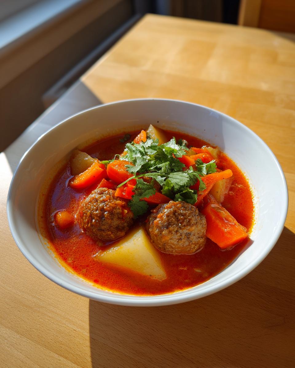 A white bowl filled with rich, red broth albondigas soup, featuring meatballs, potatoes, carrots, and fresh cilantro garnish.