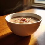 A close-up of a steaming white bowl filled with hearty 15-bean soup containing visible chunks of ham.