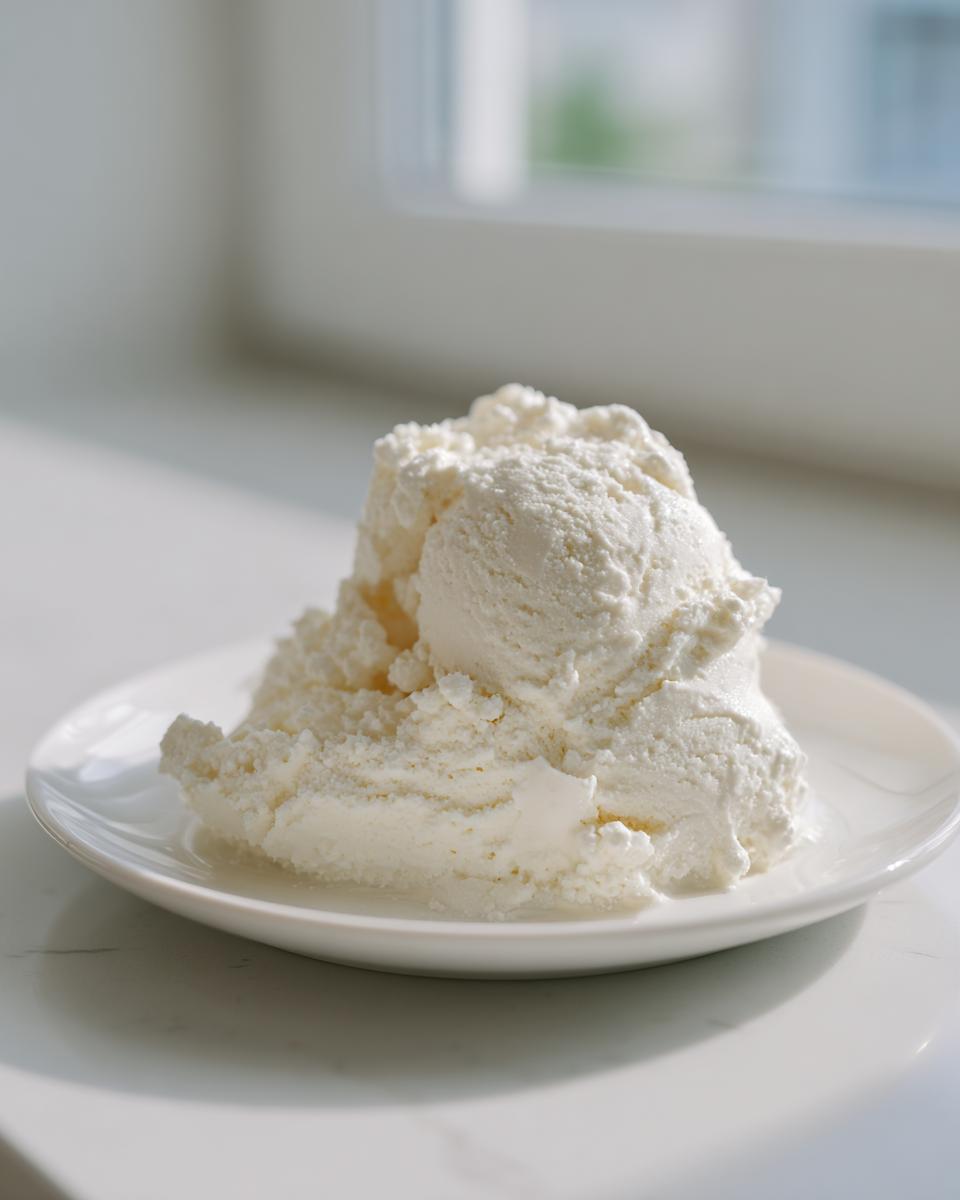 A generous serving of creamy, white cottage cheese ice cream scooped onto a small white plate.