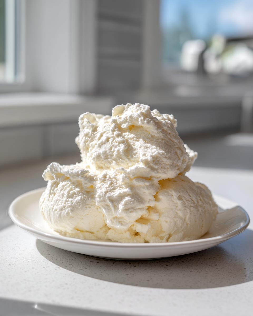 Two generous scoops of creamy, white cottage cheese ice cream served on a small white plate.